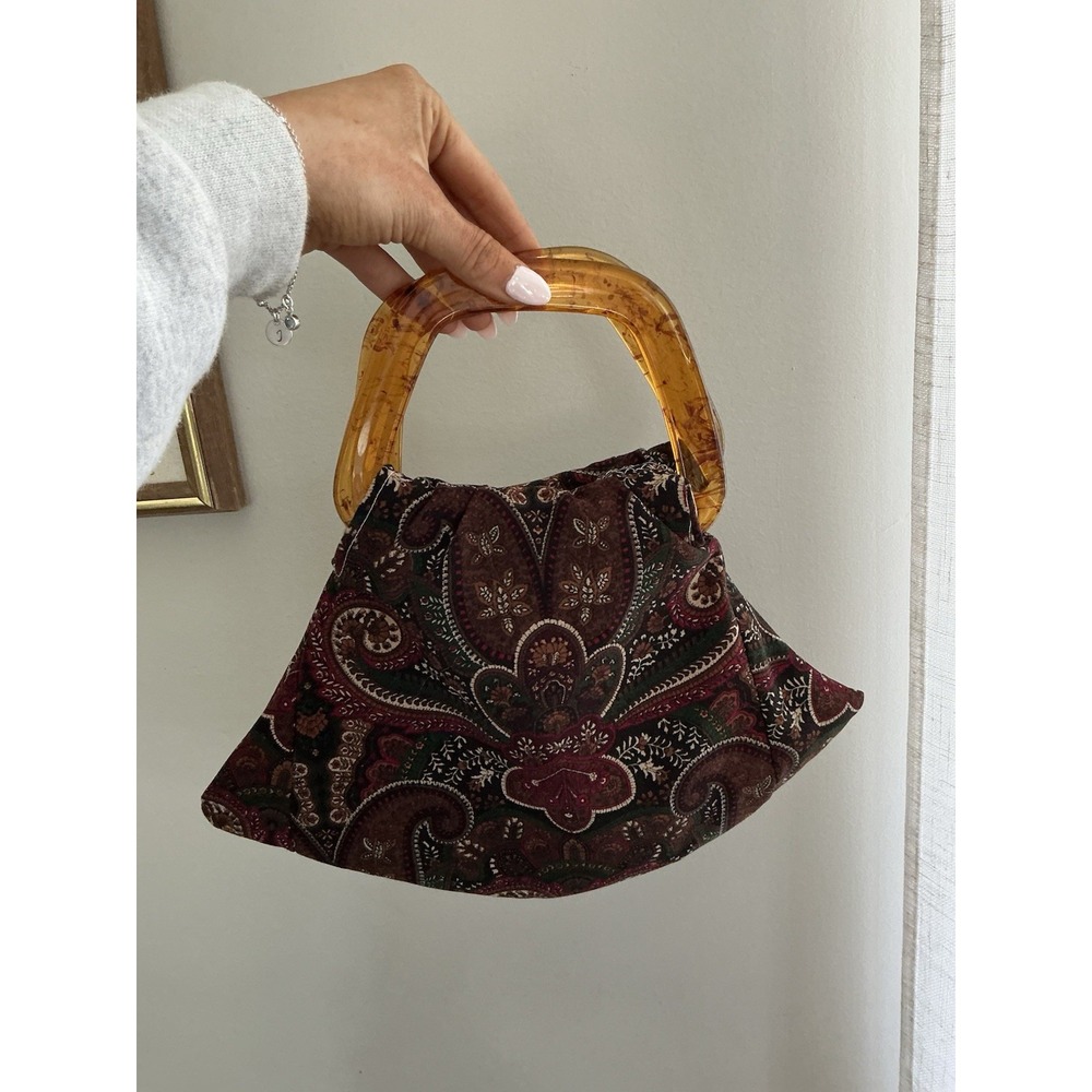Vintage Handmade Paisley Print Bag With Resin Handles Cloth Handbag Purse‎